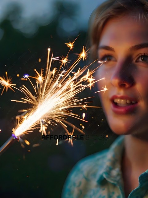 A young woman looks at a sparkler