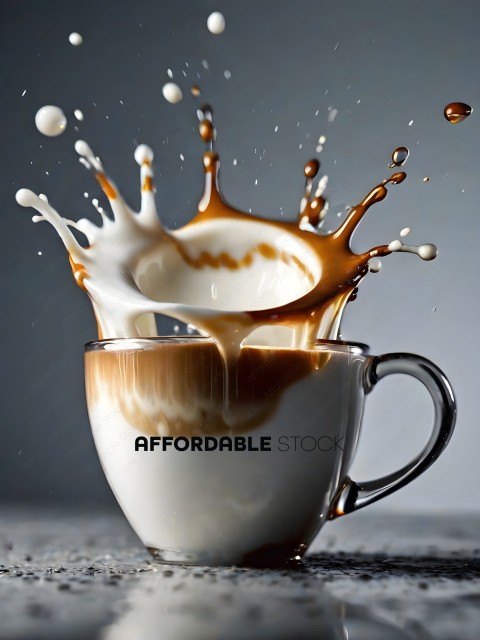 A cup of coffee with a spray of milk