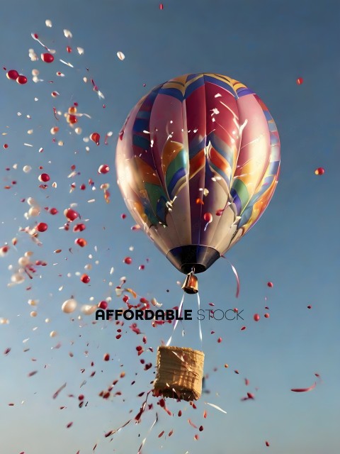 A colorful hot air balloon with a basket underneath