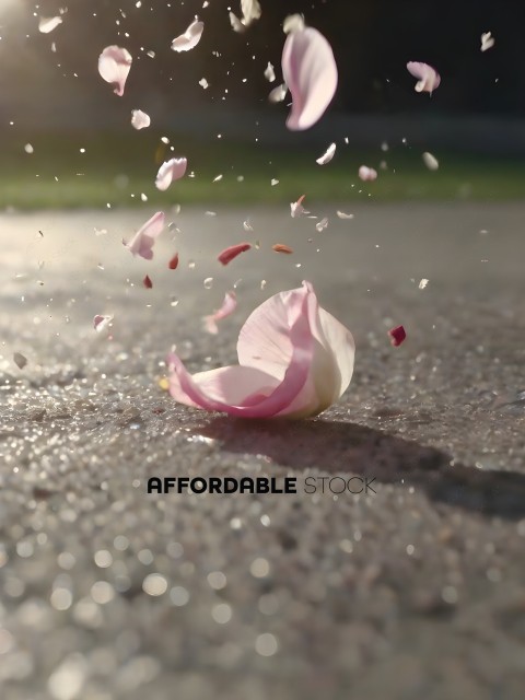 A pink flower petal is flying through the air