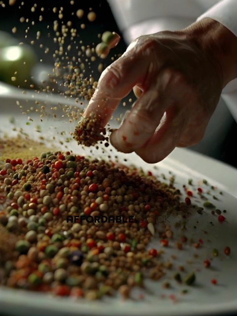 A person is sprinkling spices on a plate