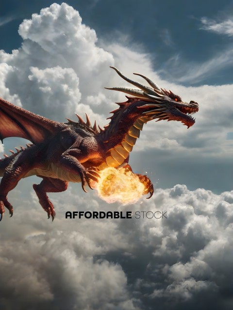 A dragon with fire in its mouth flying through the clouds