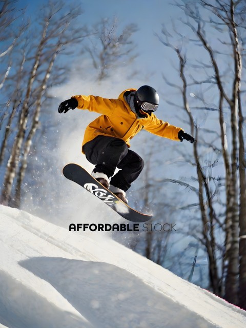 Snowboarder in Yellow Jacket and Black Helmet Jumps in the Air