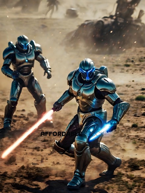 Two Robots with Blue Lights on Their Helmets