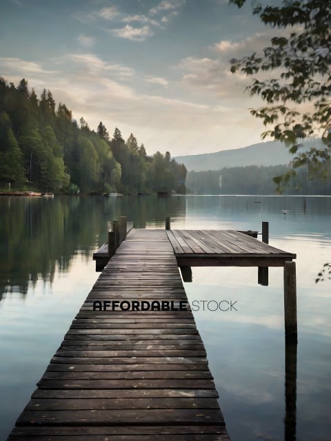 A wooden dock with a view of the mountains