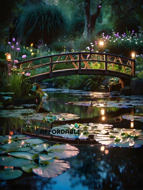 A bridge over a pond with lilies and other plants
