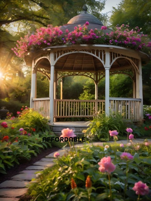 A Gazebo with Pink Flowers and Greenery