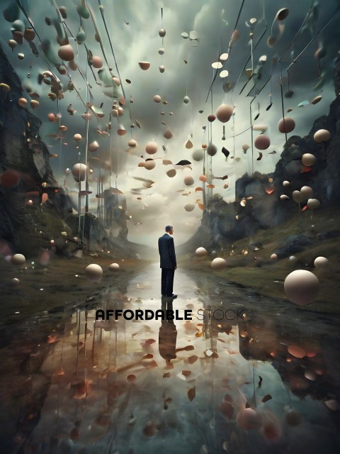 A man in a suit standing in the middle of a path surrounded by floating balls