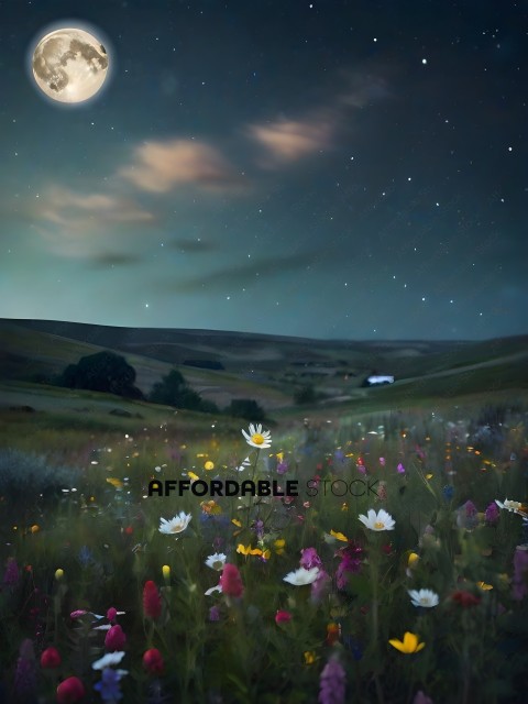 A field of flowers with a full moon in the background
