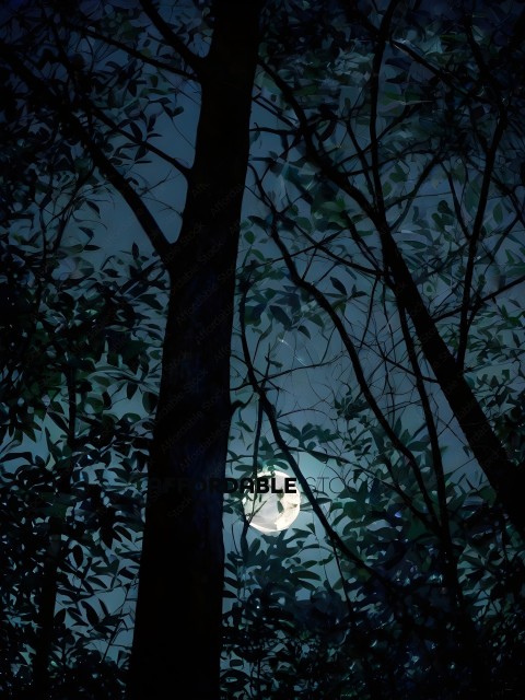 A full moon shines through the trees