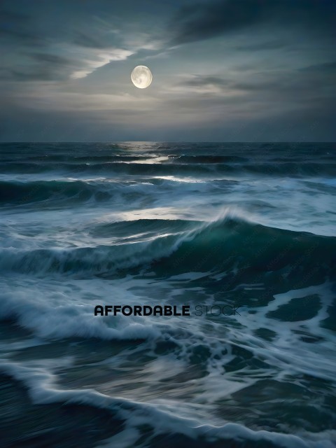 A beautiful ocean scene with a full moon
