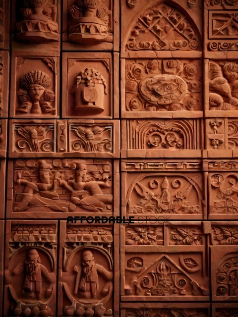 A wall of carved images of people and animals