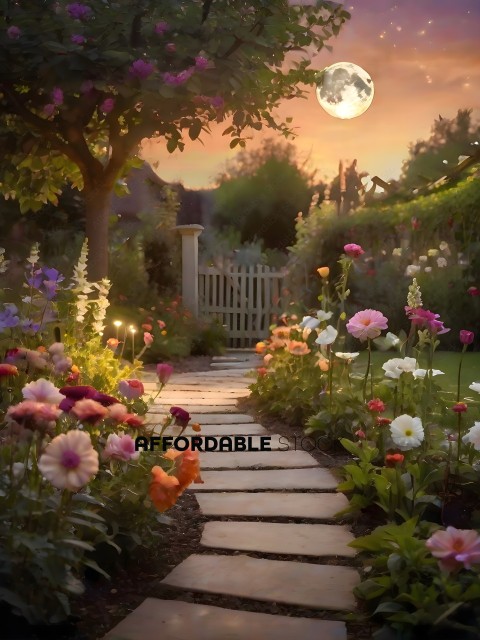 A beautiful garden pathway with flowers and a full moon