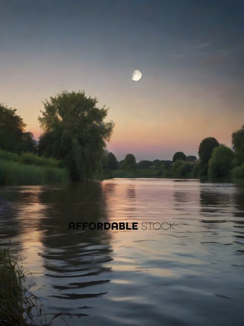 A serene scene of a river at sunset with a full moon