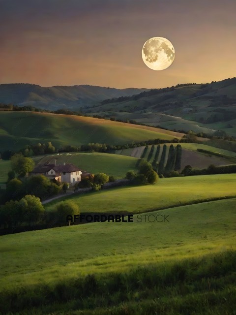 A picturesque countryside scene with a full moon