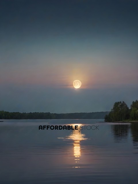 A beautiful sunset over a lake with a reflection of the moon
