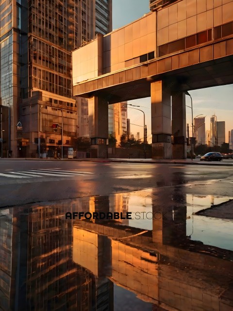 Reflection of a city street in a puddle