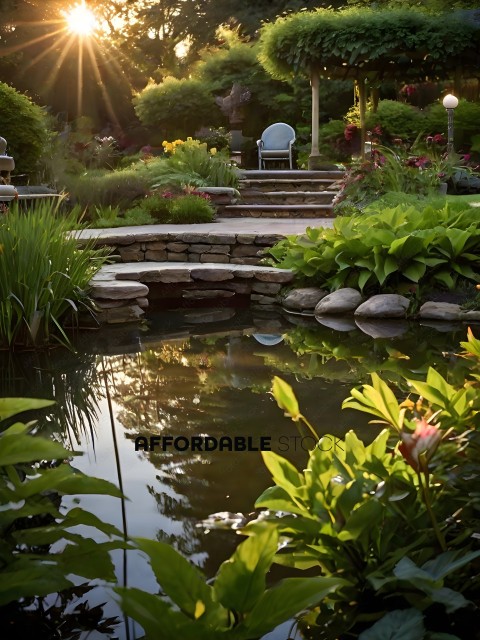 A garden with a pond, waterfall, and plants