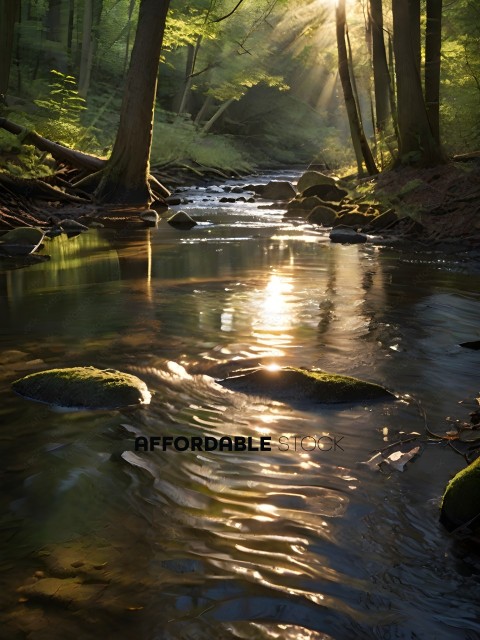 A serene scene of a river with sunlight reflecting off the water
