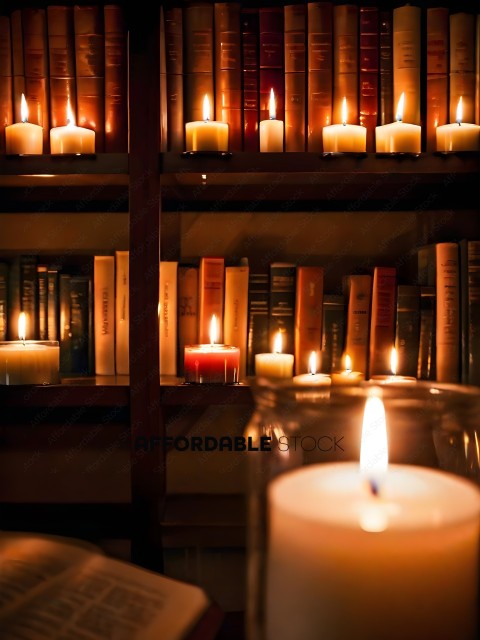 Candles in a bookshelf with books