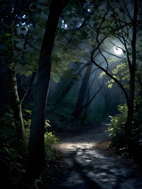 A pathway through the woods at night