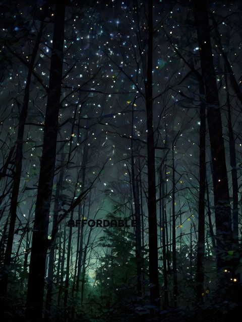A forest at night with stars