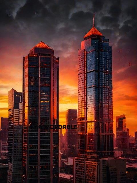 Tall buildings in a city at sunset