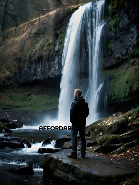 A man standing in front of a waterfall