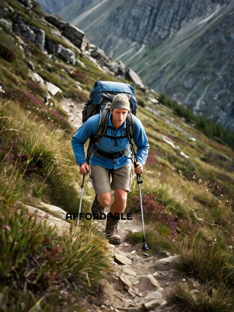 Man with a backpack on a mountain trail