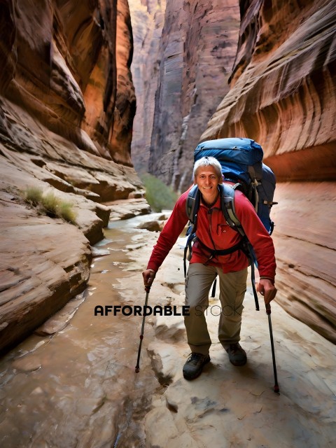 A man with a backpack is hiking in a canyon