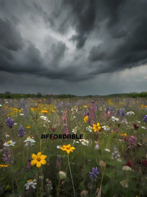 A field of flowers with a dark sky in the background