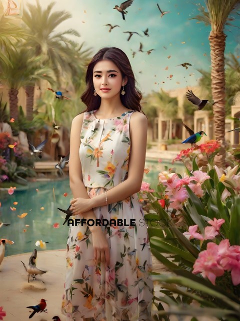 A woman in a floral dress stands in front of a pool of water with birds flying around her