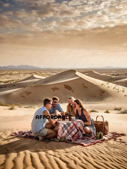 A group of four people sitting on a blanket in the desert
