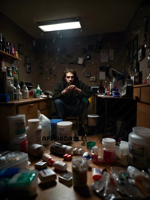 Man sitting in a cluttered room with a lot of medicine bottles