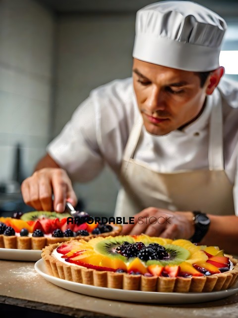 A chef in a white uniform is cutting a fruit pie