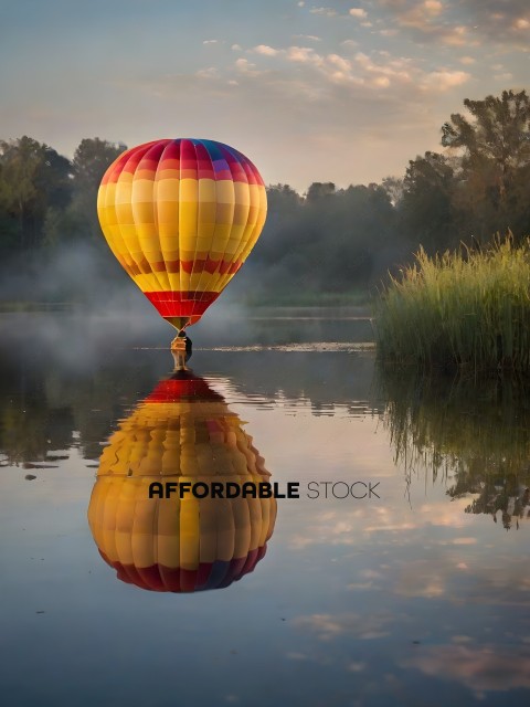 A hot air balloon reflected in a lake
