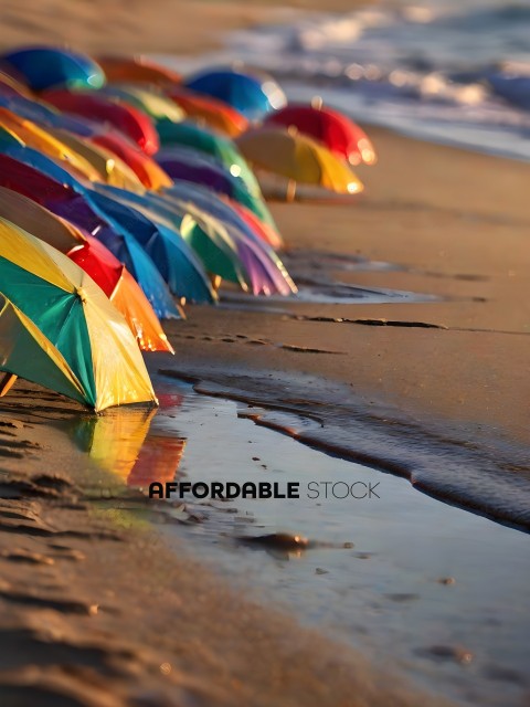Colorful Umbrellas Lined Up on the Beach