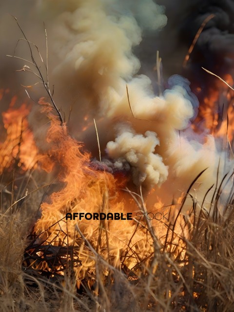 A fire in a field with smoke