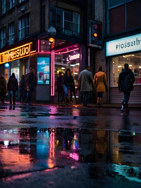 People walking on a rainy street at night