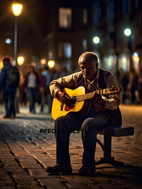 A man playing guitar on a sidewalk at night