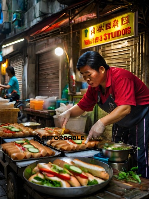 Man Making Sandwiches in Asian Restaurant