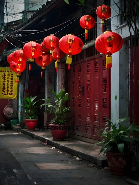 Red lanterns hanging from a building