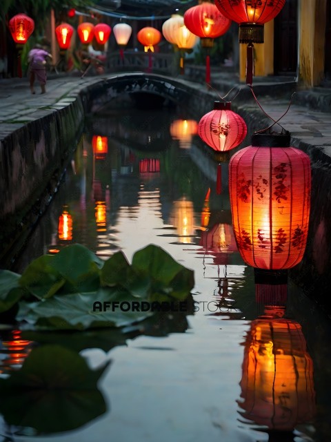 Red lanterns on a canal