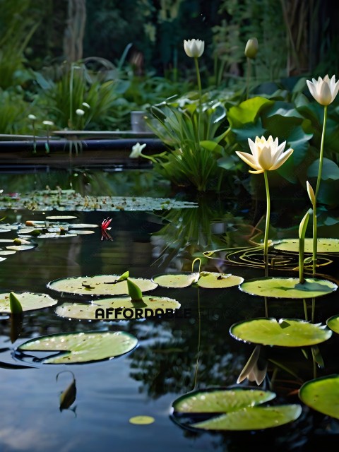 A pond with lily pads and a flower