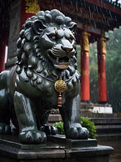 A statue of a lion with a gold medallion