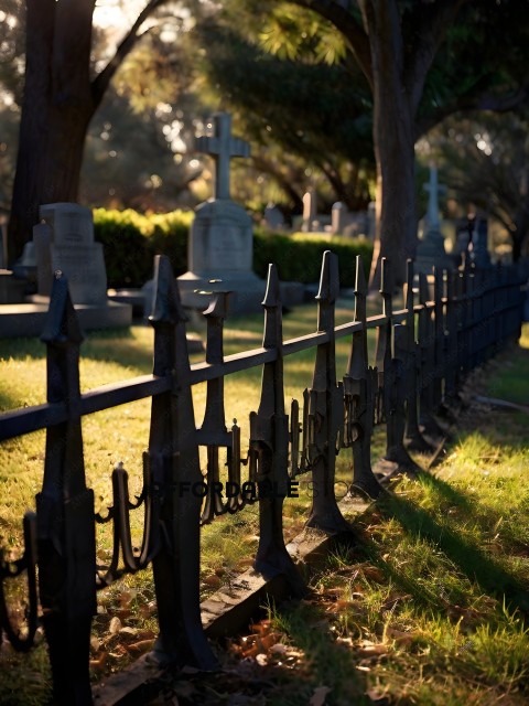 A view of a cemetery with a fence
