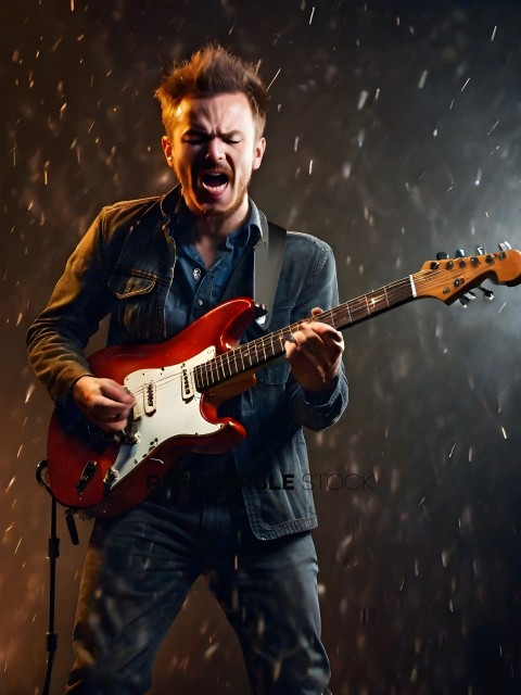 A man playing guitar in the rain