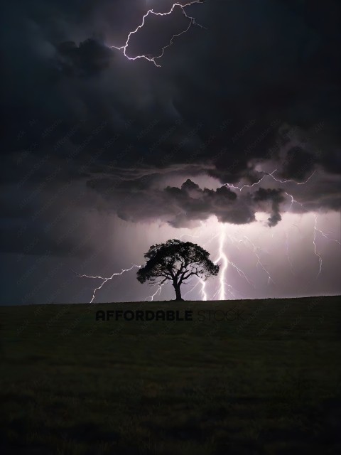 A Tree in the Field with Lightning