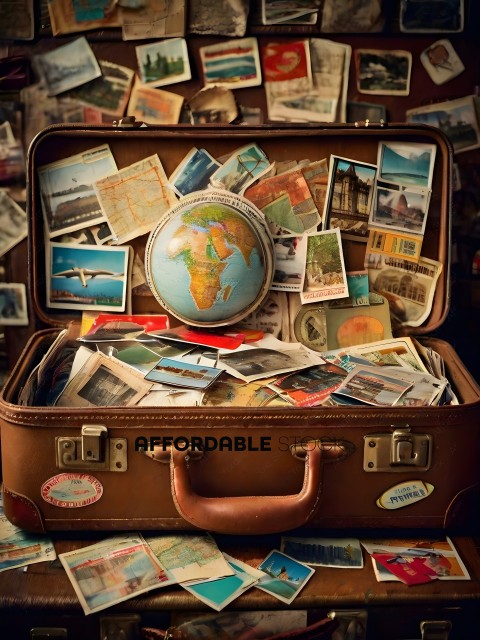 A suitcase filled with travel postcards and a globe