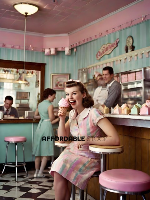 A woman in a pink and white dress eating ice cream
